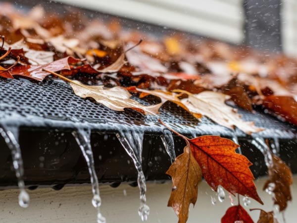gutter-guard-installation-fort-wayne-in-indiana-1 | Gingerich Guttering Autumn leaves lying on a rain gutter with water droplets dripping from the edge.
