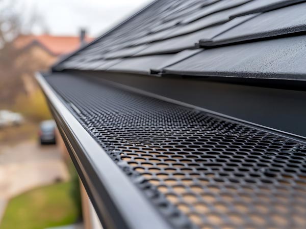 gutter-guard-installation-fort-wayne-in-indiana-2 | Gingerich Guttering Close-up of a perforated metal gutter along the edge of a sloped roof, with shingles visible in the background.